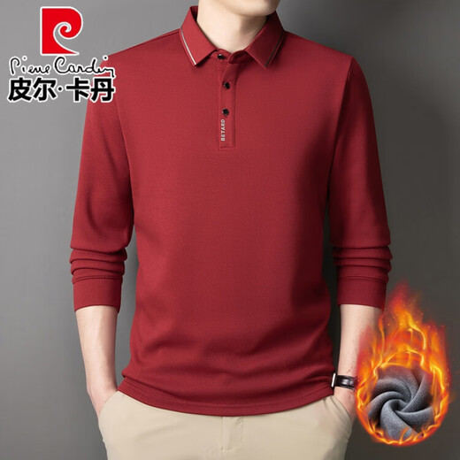 Pierre Cardin high-end men's long-sleeved T-shirt middle-aged dad's loose bottoming POLO shirt winter velvet thickened warm top Bean Green 4XL -58-130