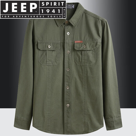 JEEP SPIRIT/品牌高档男装长袖衬衫男多口袋工装免烫棉衬衣春秋中年宽松 1389加绒卡其色 6XL