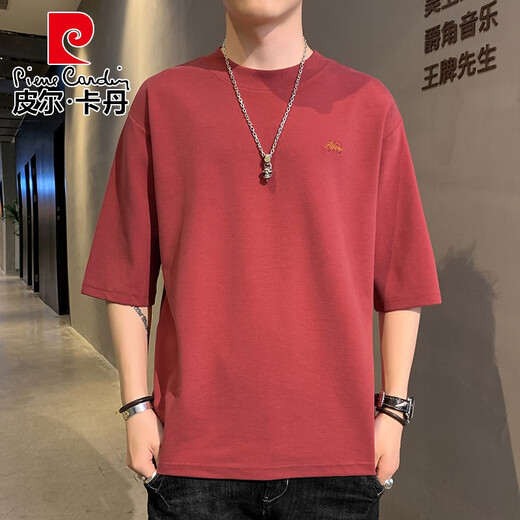 Pierre cardin (pierre cardin) 7-quarter sleeve men's short-sleeved T-shirt 2025 summer new round neck loose fit embroidered mid-sleeved trendy brand ins half-sleeved QD659 burgundy M [90-120Jin [Jin equals 0.5 kg]]