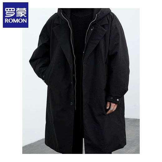 ROMON (ROMON) 2025 autumn and winter new men's green coat men's jacket fake two-piece hooded mid-length windbreaker parka overcomes trend classic black [Spring and autumn/Parke coat/German style/Big 4XL Recommended 180-200Jin [Jin equals 0.5 kg]