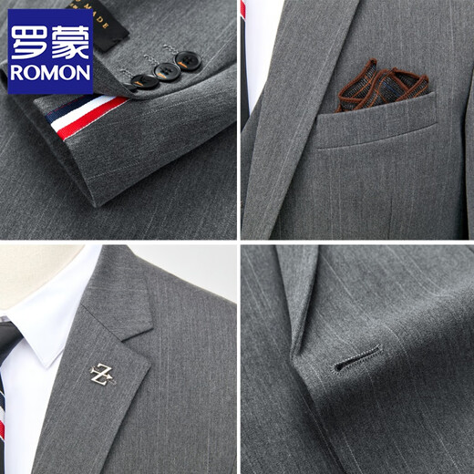 ROMON Haute Couture Suit Men's British Style Groom Wedding Dress Slim Suit Three-piece Business Professional Formal Suit Smoke Gray Three-piece Suit XL/52