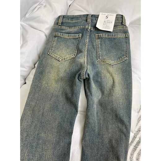 Cotton plus velvet thickened retro micro-flare jeans for women in autumn and winter loose straight versatile casual pants for women high waist 6982 blue plus velvet high quality 44 M 98-108Jin Jin is equal to 0.5 kg