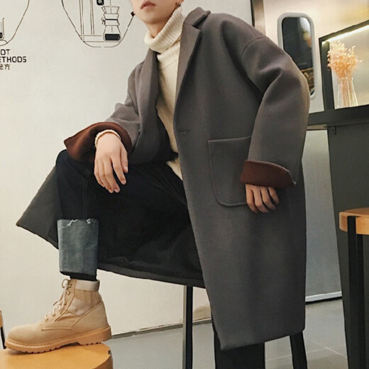 ONEYONA windbreaker men's mid-length 2020 autumn and winter new style men's Korean style loose casual woolen coat jacket men's trendy lapel cloak men's coat gray M (recommended 90-110Jin [Jin equals 0.5 kg])