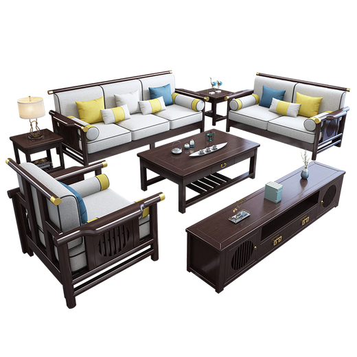 No. 1 Haoting Solid Wood Sofa Modern Chinese Rubber Wood Single and Double Three-person Small Apartment Combination Living Room Furniture New Model 9901# Five-person Seat + Guifei + Drawer Coffee Table [Frame] Cotton and Line Cloth Cover