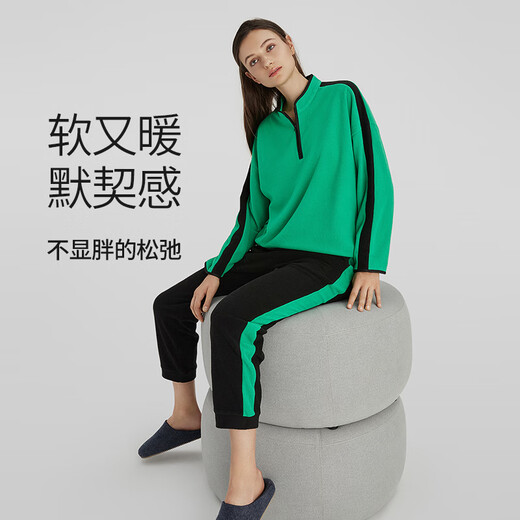 Chundu is soft, light and warm, polar fleece pajamas, autumn and winter thickened couple wear, men's and women's casual sports home wear, emerald green/charcoal black M