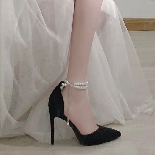 Qiaoyi Spring y Autumn New French Toe Toe Slim High Heels Hada Fairy Style One-Tie Pearl Sandals for Women Black [tamaño 37] (altura del talón 7 cm)