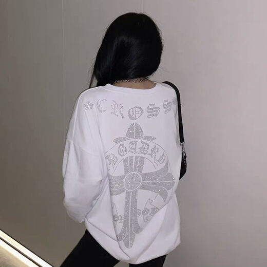 Shangjianfen women's niche 2025 spring and autumn new ins trendy brand hot diamond sweatshirt for women European and American heavy industry Sanskrit cross loose cross hot diamond sweatshirt - black high quality thin section XXS recommended 10Jin Jin equal to 0.5 kg or less
