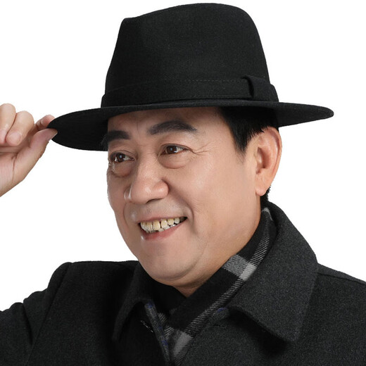 SOMUBAY middle-aged and elderly men's big-brim gentleman's hat, retro Shanghai beach autumn and winter hat British woolen thickened jazz hat LRM-144 straight edge big-brimmed autumn and winter woolen-black standard size M (57-58cm) with adjustment rope inside