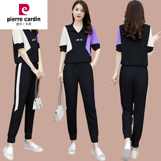 皮尔卡丹（pierre cardin）冰丝休闲时尚套装女2024年夏季新款宽松洋气跑步运动服短袖两件装 (684)黑色 3XL(建议139-150斤)( )
