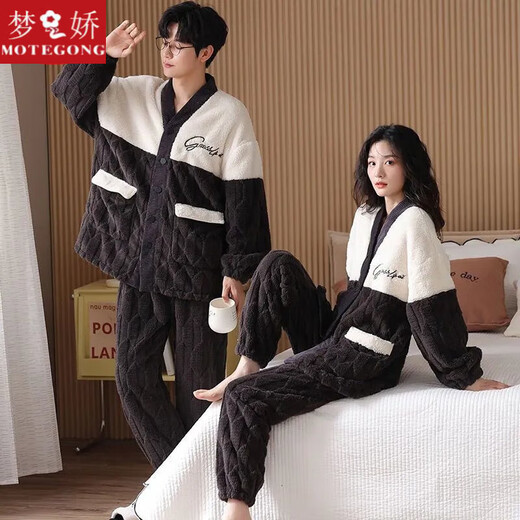 Mengjiao's new couple's pajamas winter coral velvet autumn and winter thickened home clothes set for one man and one woman can be worn outside pajamas 93371 (couple) female L + male XXXL