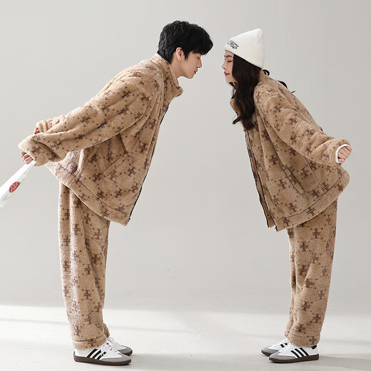 Tessgus Coral Velvet Pajamas Men's Winter Plus Velvet Thickened Suit Casual Large Size Couple Pajamas Flannel Women's Home Clothes Khaki - Men's L