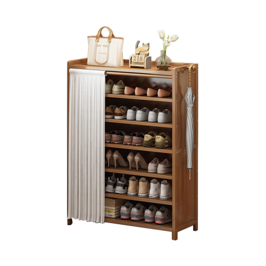 Round House Shoe Rack Home Economical Indoor Good-looking Simple Doorway Storage Solid Wood Multi-layer Dust Fabric Shoe Cabinet 7 Layers Long 100 White Cloth Curtains [Double Boot Position 2.0L Assembly