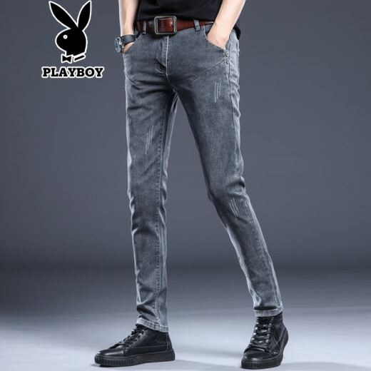 Playboy Jeans Men's Spring Men's Casual Stretch Small Foot Pants Men's Pants Korean Style Trendy Men's Loose Straight Pants Boys' Versatile Spring Men's Pants 8913 Dark Gray 31