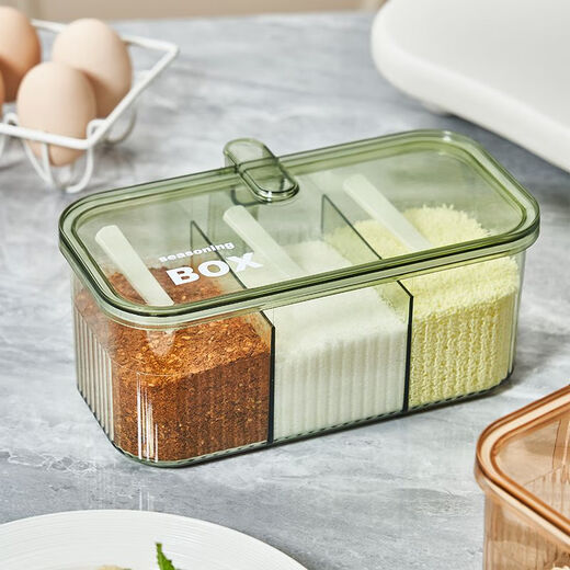 Seasoning box integrated multi-compartment home kitchen high-end MSG salt seasoning jar multi-functional storage box combination set large three compartments - transparent green