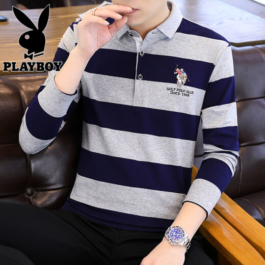 Playboy (PLAYBOY) long-sleeved T-shirt men's spring and autumn sweatshirt men's new striped lapel T-shirt men's trendy casual collared fashionable versatile DJP8855 blue gray XL