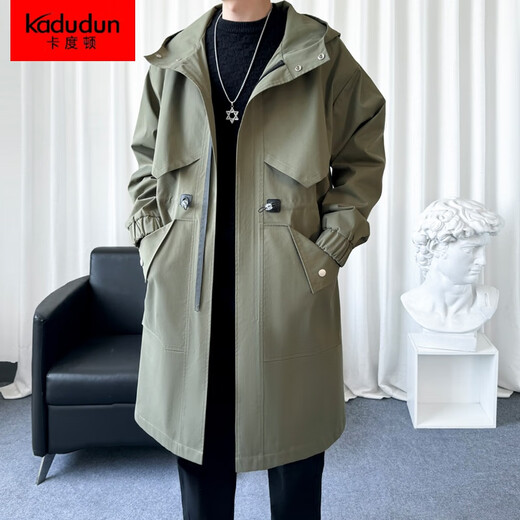 Мужская ветровка средней длины выше колена Kaduton для весны и осени, новый стиль в Гонконге, красивое свободное повседневное длинное пальто, трендовое светло-зеленое, стандартный размер XL (рекомендуемый вес 145-165 Jin Jin равен 0,5 кг)