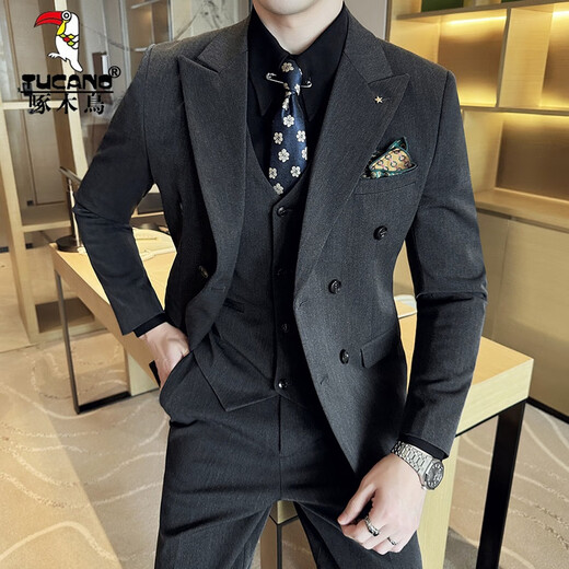 Woodpecker (TUCANO) double-breasted suit for men, casual and versatile business formal work clothes, trendy slim wedding suit, dark gray XL (suitable for 126-140 Jin Jin equals 0.5 kg)