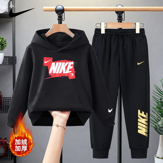 NIKE Nike Girls Suit Plus Velvet New Year Red 2025 Winter Boys Two-piece Set Children's Thickened Hooded Sweatshirt True Black 2236 Autumn and Winter Plus Velvet Style High Weight 130 /7 Recommended Height 116-122cm