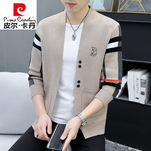 Pierre Cardin high-end wool sweater men's high-end fashion casual cardigan sweater men's spring and autumn thin jacket men's khaki XL 120-135Jin Jin equals 0.5 kg
