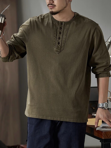 Xiaohongshu popular American Henry collar long-sleeved T-shirt for men loose 2025 autumn inner layering shirt for men retro Mocha brown S S80-100Jin Jin is equal to 0.5 kg