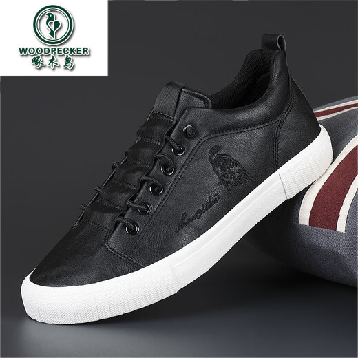 Woodpecker All Black Leather Men's Shoes 2025 Autumn New Soft Sole Soft Panel Shoes Business Casual Leather Shoes All Black 43 Loose Fit, One Size Smaller for Thin Feet