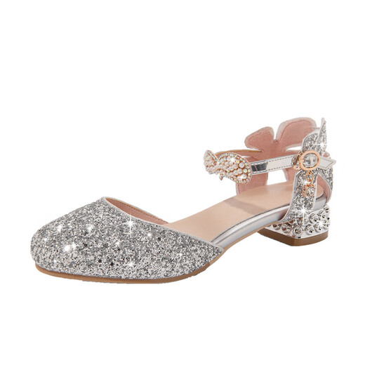 Bulianmao Children's High Heels Autumn Season Girls Princess Shoes New Style Crystal Baotou Dress Shoes for Middle and Large Children 3-12 Years Old Silver Heel Height 4.5cm 30 Inner Length 20CM