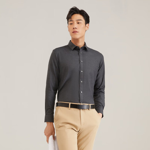 YOUNGOR long-sleeved shirt men's plain shirt suede blended fabric classic fashionable and delicate dark gray 41