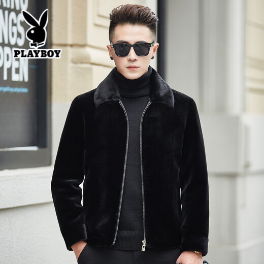 Playboy (Premium Exclusive) Spring Fur One-piece Sheepshear Men's Thick Coat Lapel Fur Coat Leather Coat Middle-aged Men's Jacket [Lapel Style] 170/M