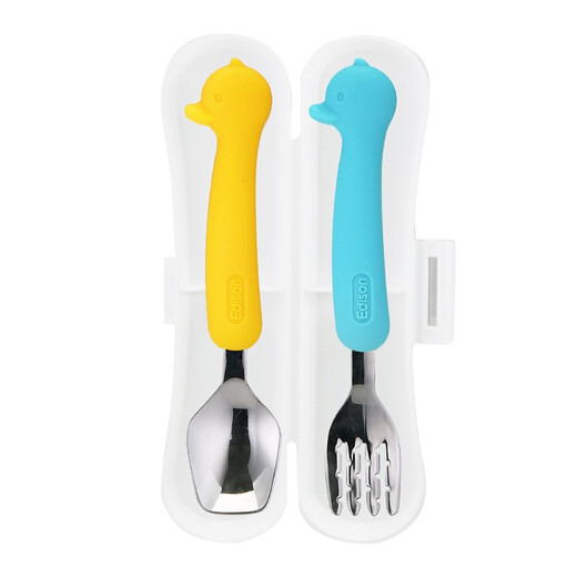 Edison imported from Korea Children's tableware Children's spoon Baby spoon fork set Portable stainless steel training fork spoon set Silicone handle High temperature