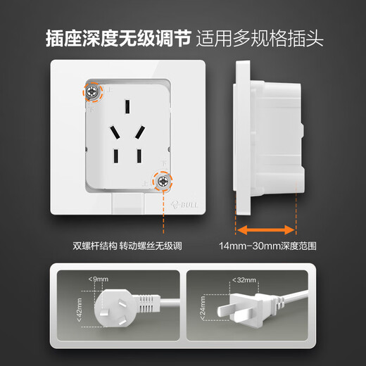 公牛（BULL）嵌入式插座面板暗冰箱专用内嵌式隐藏式插座10a五孔16a三孔隐形 白-五孔10A【适合冰箱/洗衣机/微波炉/床头柜】