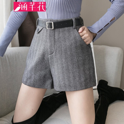 Hanqian flower woolen shorts for women in autumn and winter new style student Korean style high waist loose straight pants versatile slimming large size wide leg A-line outer boots pants trendy gray S