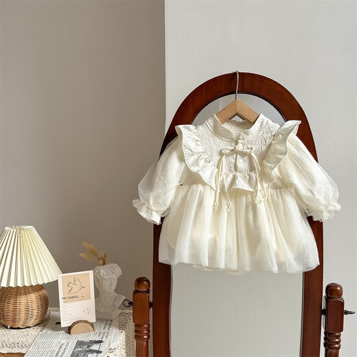 GOOFLORON baby girl's one-year-old dress, one-month-old baby princess dress for 0-6 months, one-year-old birthday dress, spring and autumn single-piece apricot-colored dress 66 cm