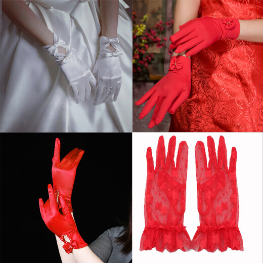Red gloves wedding bride red Xiuhe suit lace white retro satin short Chinese drip hole gloves red