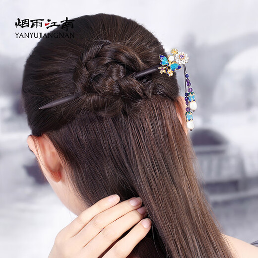 Yanyu Jiangnan retro style original hairpin for women cloisonné amethyst plate hairpin Hanfu step shake ancient costume wooden hairpin hairpin length 16 cm