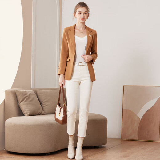 JANE STORY Classic Story Blazer Women's 2025 New Spring and Autumn Professional Wear Commuting High-end Suit Formal Top Caramel Color M