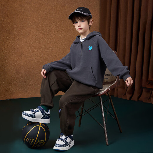 ASK JUNIOR boys' sweatshirt autumn and winter fashion half zipper composite Austrian velvet plus velvet warm hooded sweatshirt dark gray 160