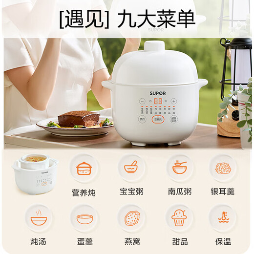 SUPOR electric stew pot with capacity of 1-3 people, bird's nest stew, baby food supplement multi-function pot, baby bb pot, mini porridge and soup pot DZ10YC882, white porcelain inner pot, easy to clean 1L