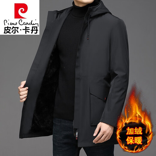 皮尔卡丹 加绒风衣男中长款商务休闲爸爸茄克外套春秋新款宽松茄克衫针织 ZS829黑色(款) 加绒 M 170