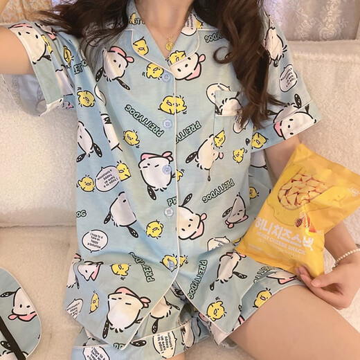 莫贝海卡通帕恰狗睡衣少女夏季棉短袖短裤学生日系可爱休闲薄款两件套 6173#双短波点凯蒂猫 粉色 2XL