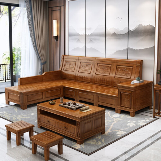 Xiaomuwo (XIAOMUWO) sofa camphor wood solid wood sofa corner with storage function Chinese style carved imitation classical sofa living room independent four seats (including cushions)