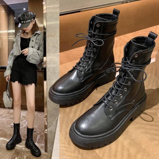 Mystery Martin boots for women 2020 autumn and winter new style British style front lace-up short boots for women ins trend versatile thick soles increased thick square heels thin motorcycle boots women A215 black 37