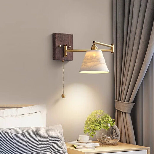 Zhong Shuai Japanese retro style folding wall lamp bedroom bedside designer all copper living room creative pull rope switch retractable lamp D model all copper + ceramic stepless dimming