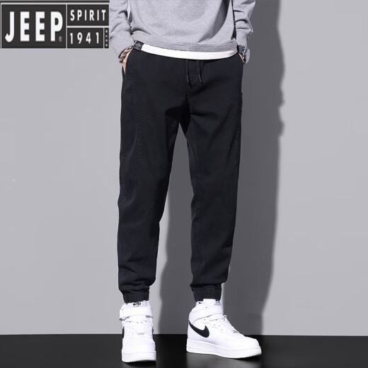吉普（JEEP）2023年新款秋冬季加绒裤子男士加厚束脚工装潮流松紧腰休闲牛仔裤 9859黑色加绒 2XL 【150-165斤】