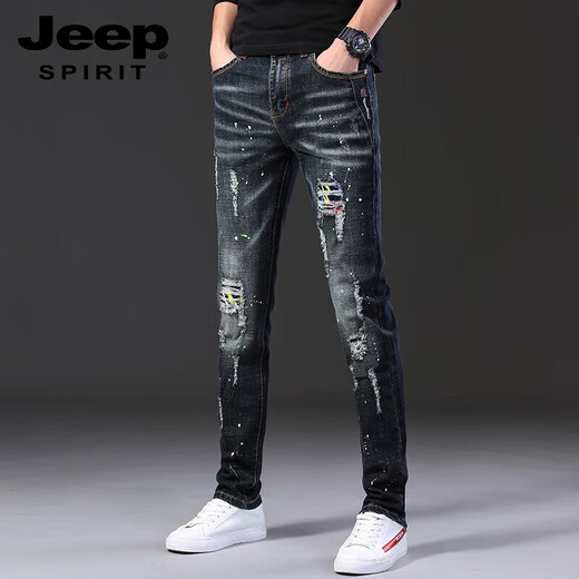 JEEP SPIRIT高端破洞牛仔裤男秋夏款潮牌刮烂弹力新款修身小脚夏季男士长裤子 687黑色 32