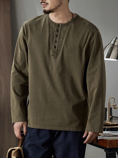 Xiaohongshu popular American Henry collar long-sleeved T-shirt for men loose 2025 autumn inner layering shirt for men retro Mocha brown S S80-100Jin Jin is equal to 0.5 kg