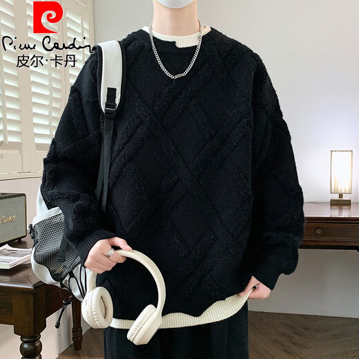 皮尔卡丹（pierre cardin）假两件春秋季新款男生初高中学生加厚毛衣大童青少年打底针织衫潮 9227黑色 XL 约115-130斤可穿