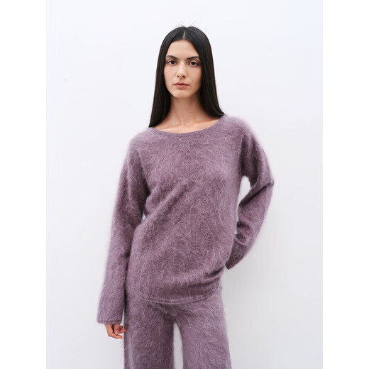 Fu Zhien Half-cooked Winter Dingshe Cashmere Brushed Comfortable Loose Round Neck Sweater Straight Pants Knitted Suit 2024 Iris Color-Top S