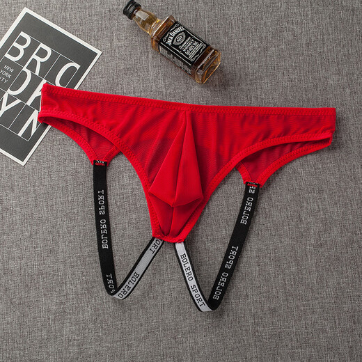 Erotic underwear elastic hip lift double thong men's U-convex transparent buttocks mesh low-waist trendy low-waist briefs sexy thong breathable gay underwear gay adult T-pants white one size