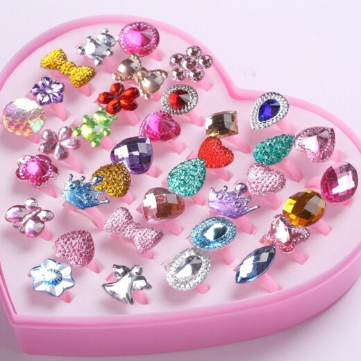 Qumeisi new children's ring ring cartoon girl princess jewelry imitation crystal gemstone girls jewelry gemstone style 36 mix and match box