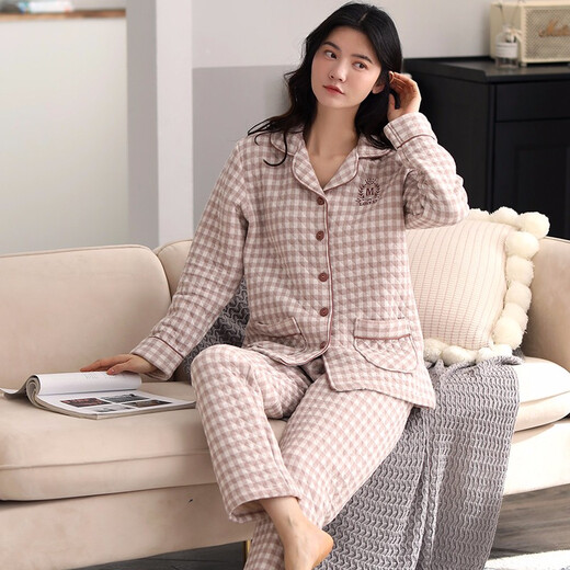 Banxinle (Banxinle) pajamas for middle-aged women, thickened pure cotton sandwich long-sleeved home clothes, winter air cotton thermal insulation, cotton quilted suit LST-88068# light coffee, female L/165